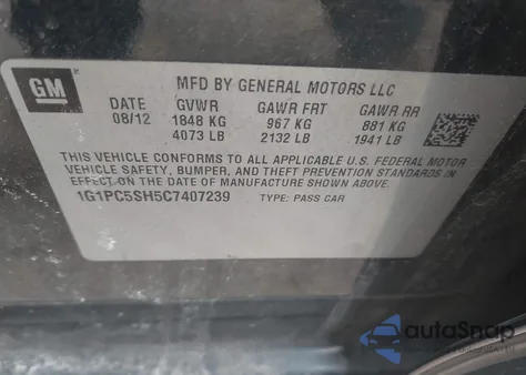 2012 Chevrolet Cruze Ls from USA, damaged, VIN 1G1PC5SH5C7407239